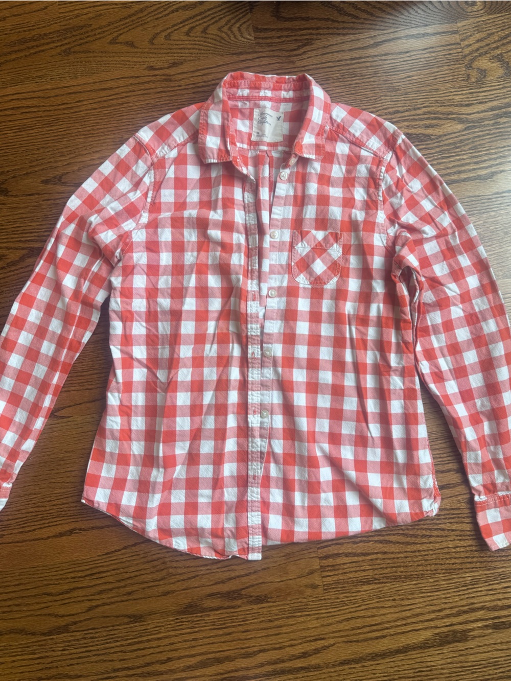 American Eagle Outfitters Orange and White Plaid Button-Down Shirt Boys 16